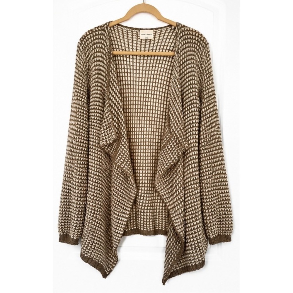 Loved + Adored Women Brown Cream Waffle Knit Draped Open Front Cardigan Medium
